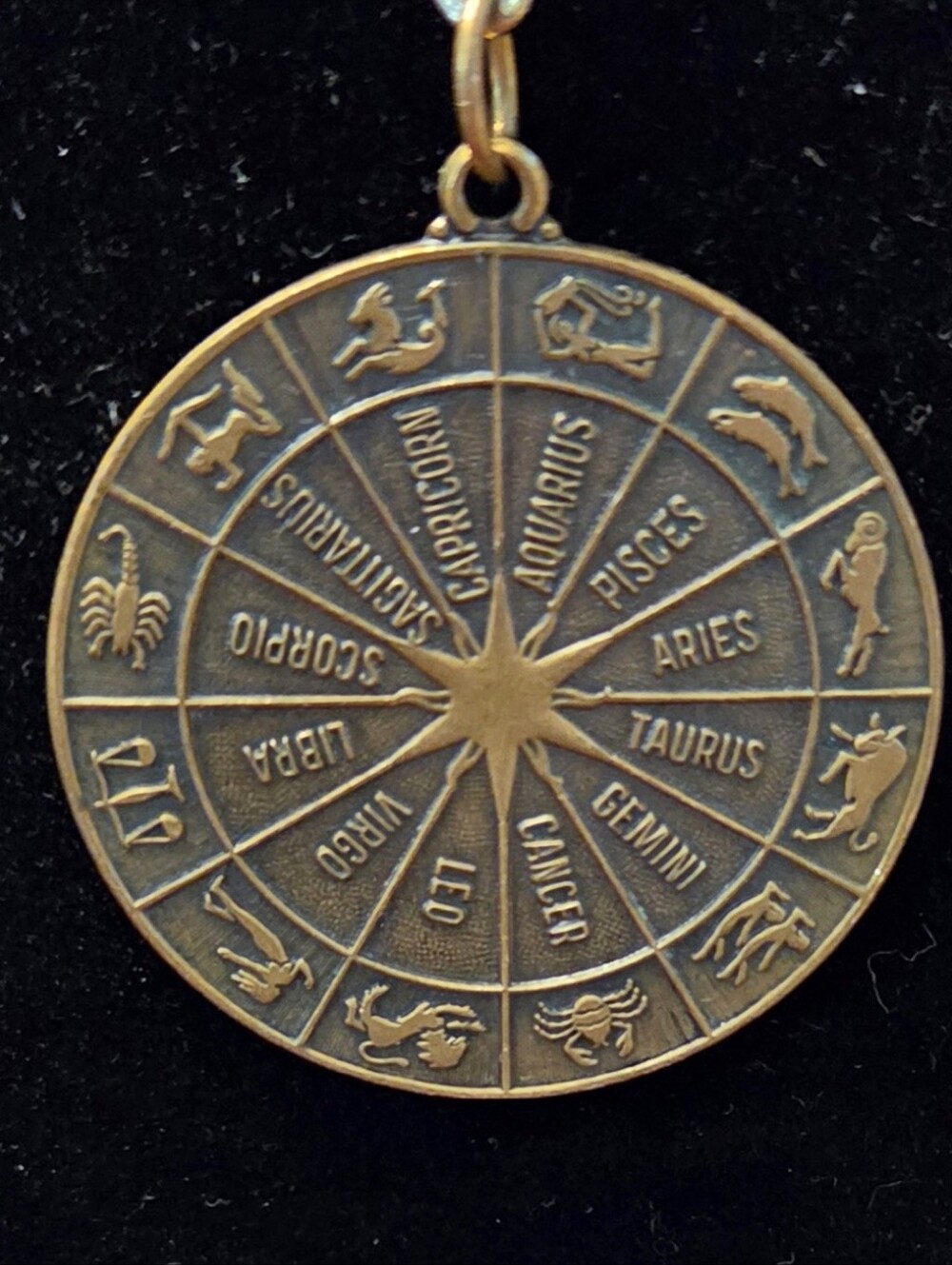 Vintage Brass Zodiac Calendar Necklace 24" Reversible Astrological Medallion - Picture 2 of 5
